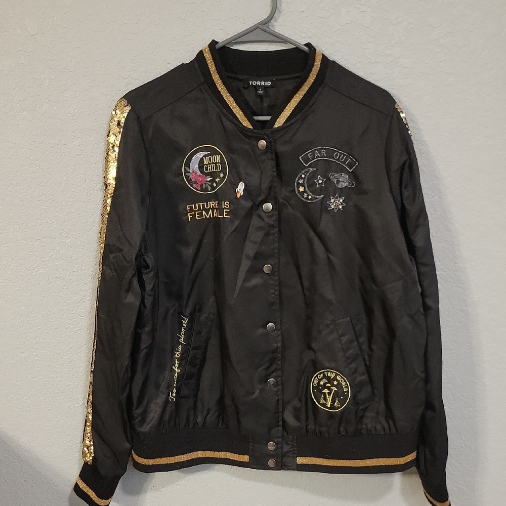 Torrid Black Satin Bomber Jacket with Gold Sequin Accents The Future Is Female